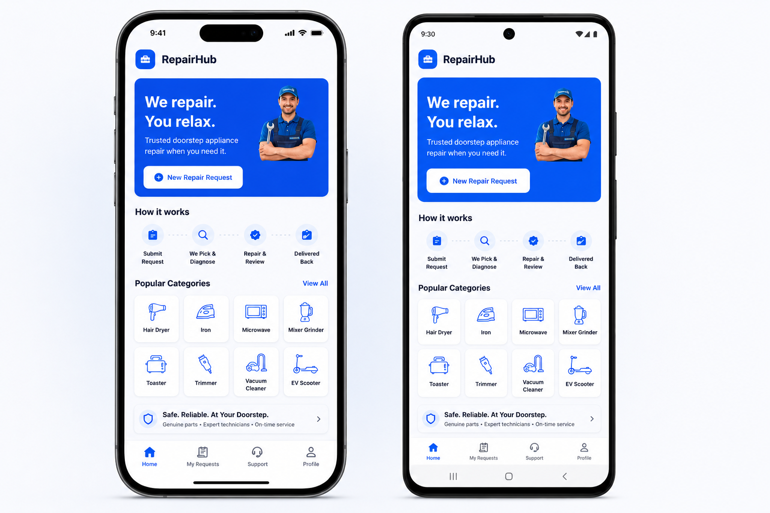 RepairHub mobile app preview on iPhone and Android phones